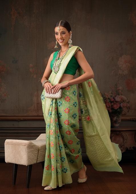 Lime Green Woven Design Cotton Saree