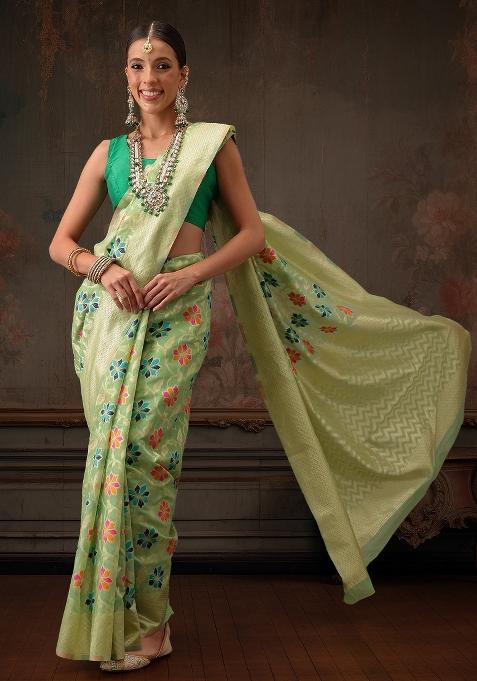 Lime Green Woven Design Cotton Saree