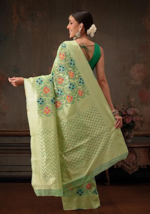 Lime Green Woven Design Cotton Saree
