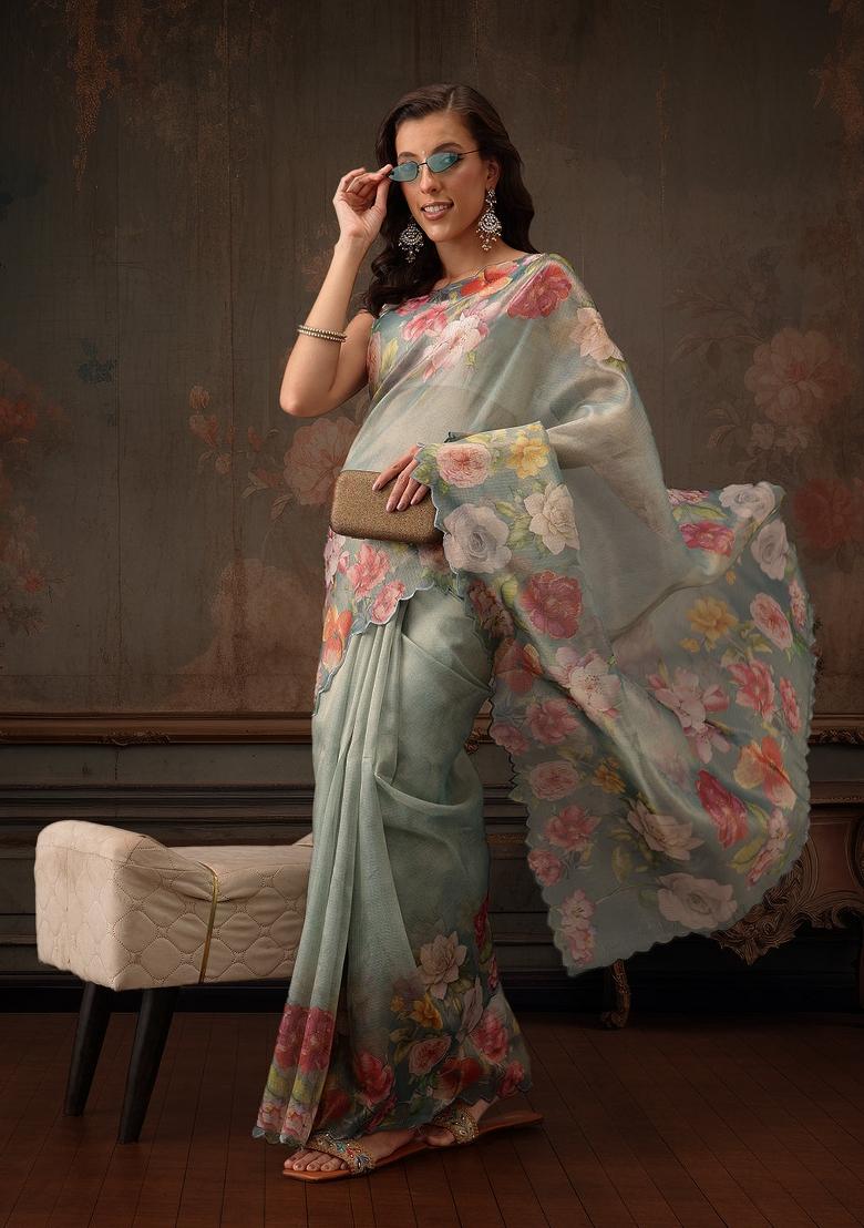 Teal Printed Tissue Silk Saree