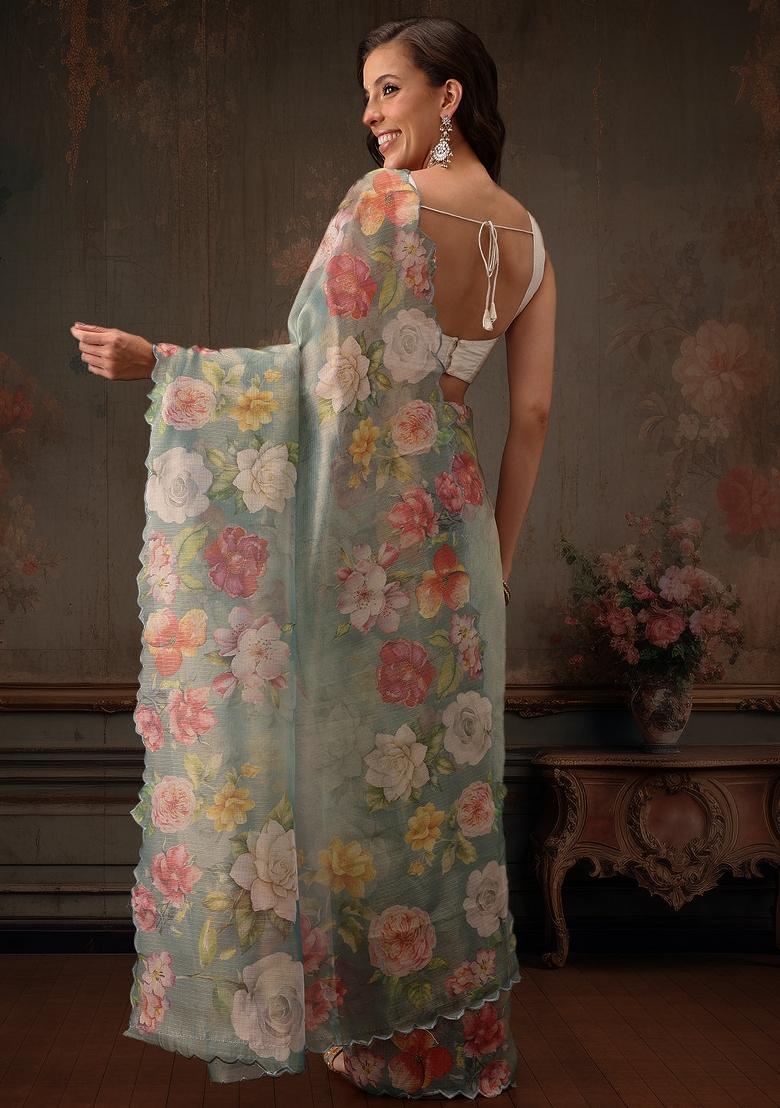 Teal Printed Tissue Silk Saree