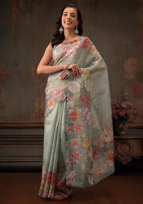 Teal Printed Tissue Silk Saree