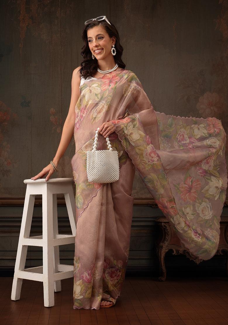 Peach Printed Tissue Silk Saree