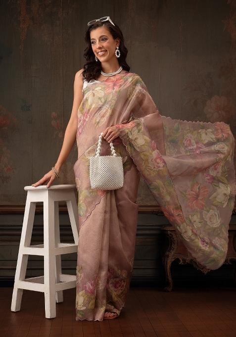 Peach Printed Tissue Silk Saree