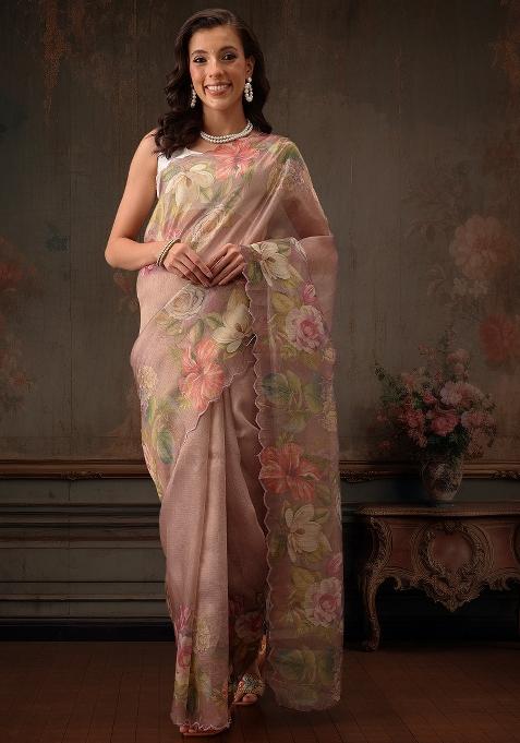 Peach Printed Tissue Silk Saree