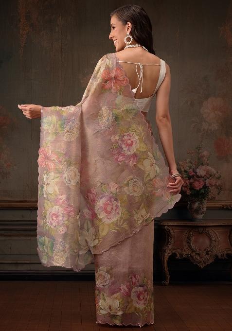 Peach Printed Tissue Silk Saree