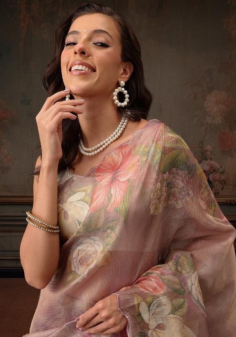 Peach Printed Tissue Silk Saree