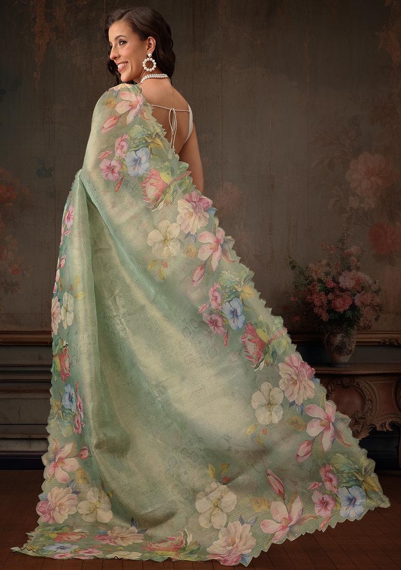 Green Printed Tissue Silk Saree