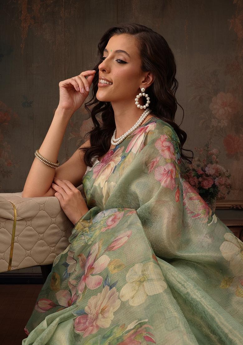 Green Printed Tissue Silk Saree