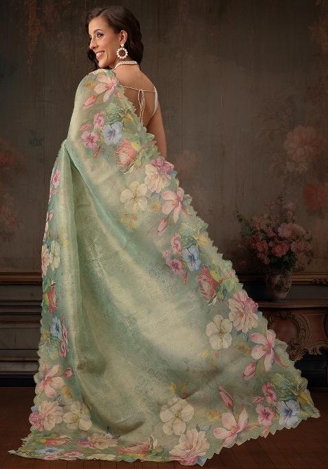 Green Printed Tissue Silk Saree