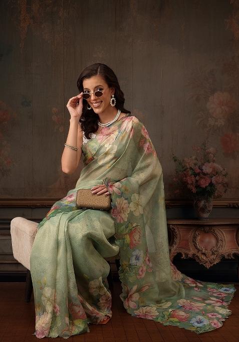 Green Printed Tissue Silk Saree