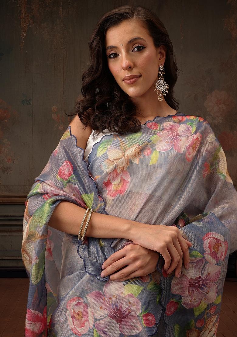 Blue Printed Tissue Silk Saree