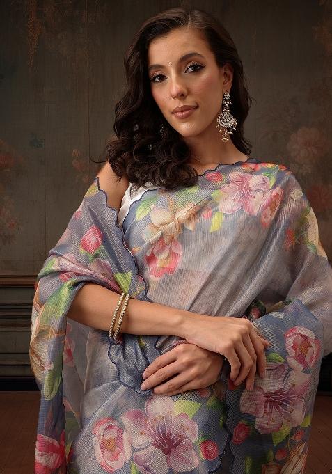 Blue Printed Tissue Silk Saree