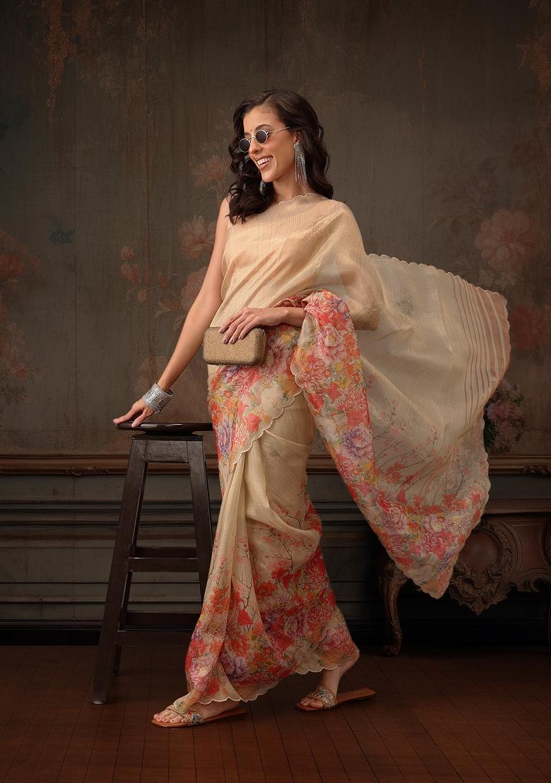 Beige Printed Tissue Silk Saree