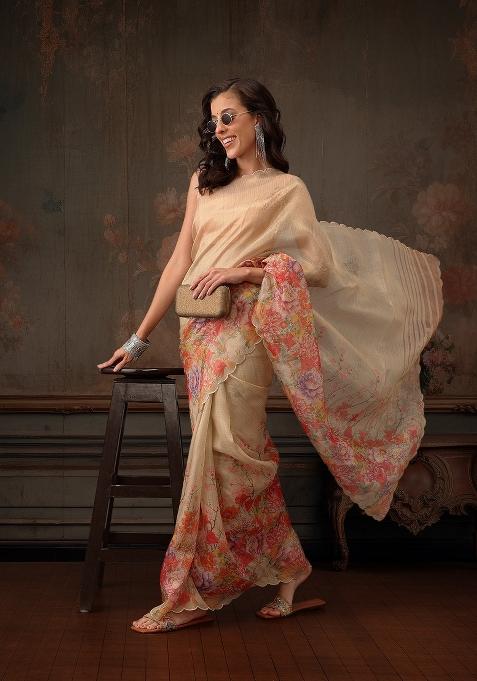 Beige Printed Tissue Silk Saree