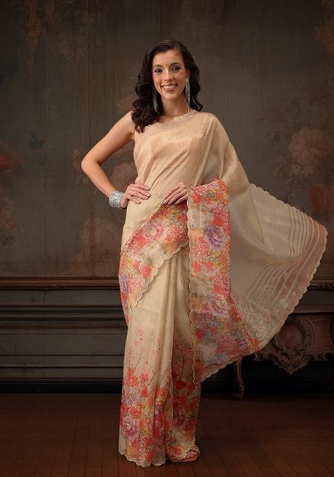 Beige Printed Tissue Silk Saree