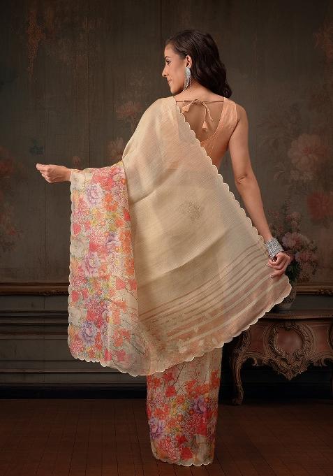 Beige Printed Tissue Silk Saree