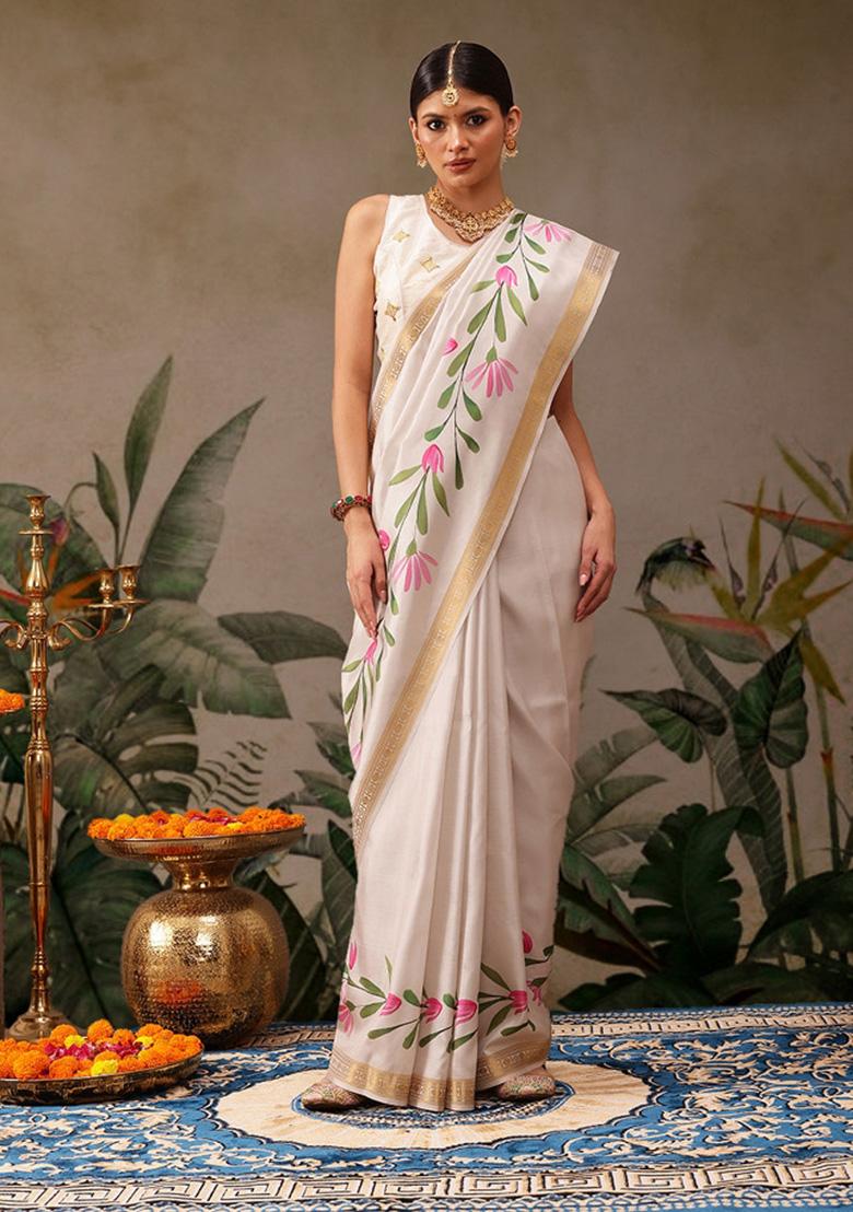 Off White Printed Art Silk Saree