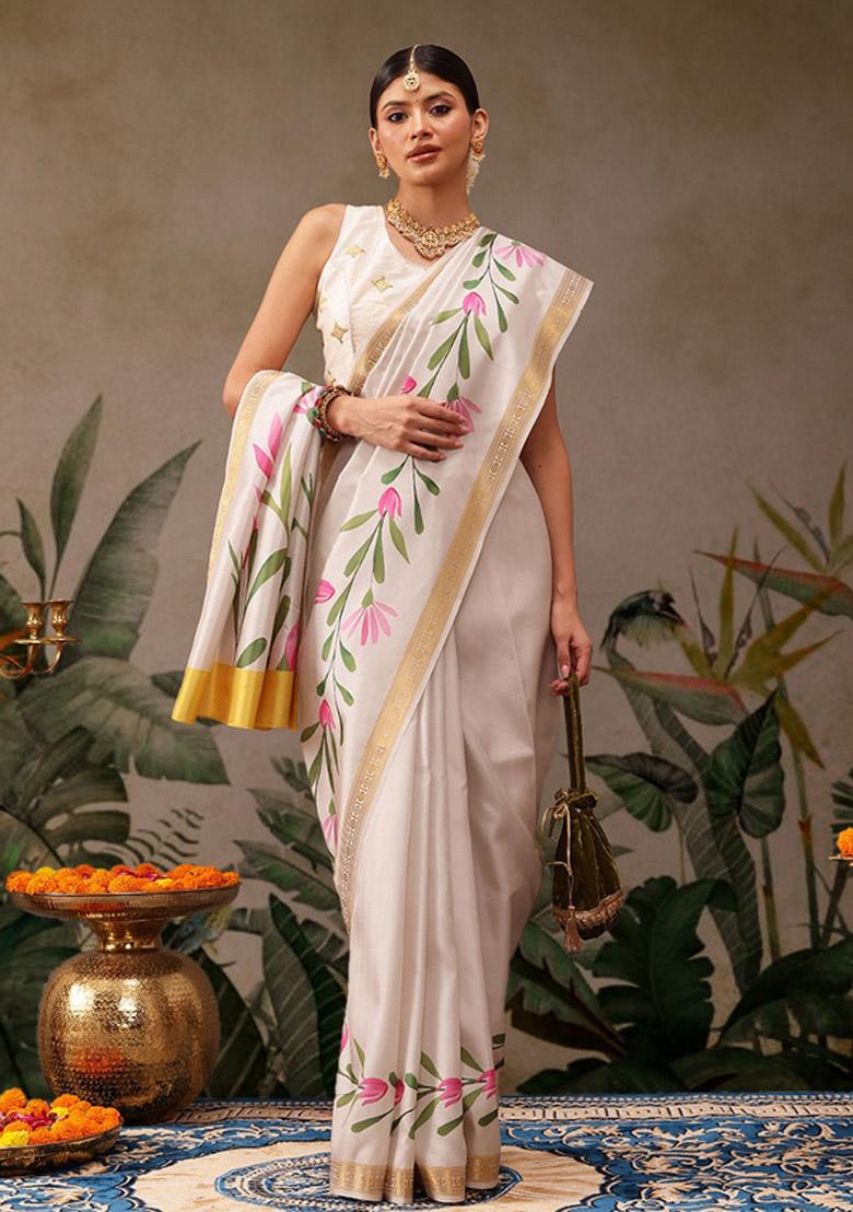 Off White Printed Art Silk Saree