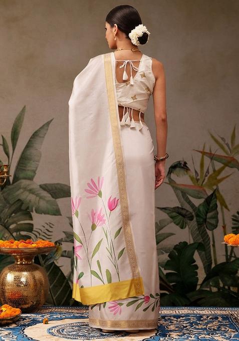 Off White Printed Art Silk Saree