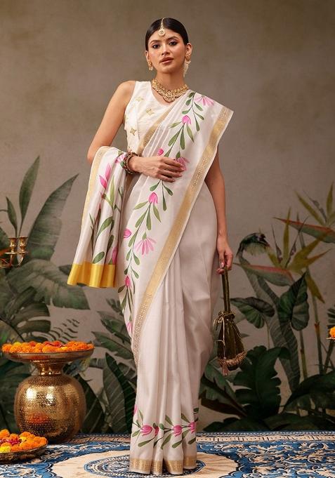 Off White Printed Art Silk Saree