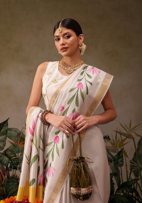 Off White Printed Art Silk Saree
