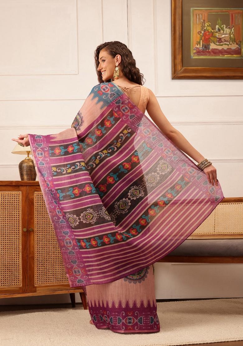 Beige Printed Silk Cotton Saree