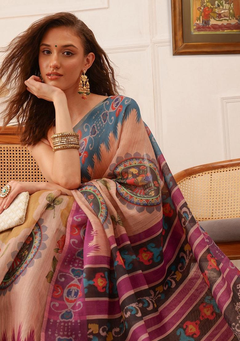 Beige Printed Silk Cotton Saree