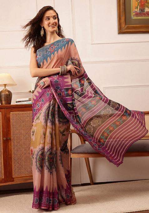Beige Printed Silk Cotton Saree