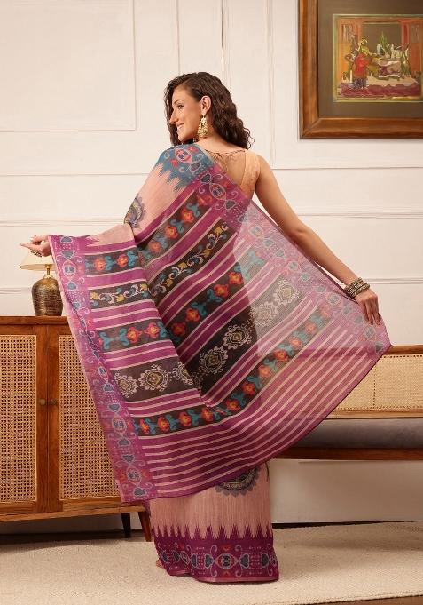 Beige Printed Silk Cotton Saree