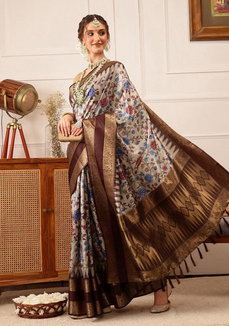 Beige Printed Soft Silk Saree