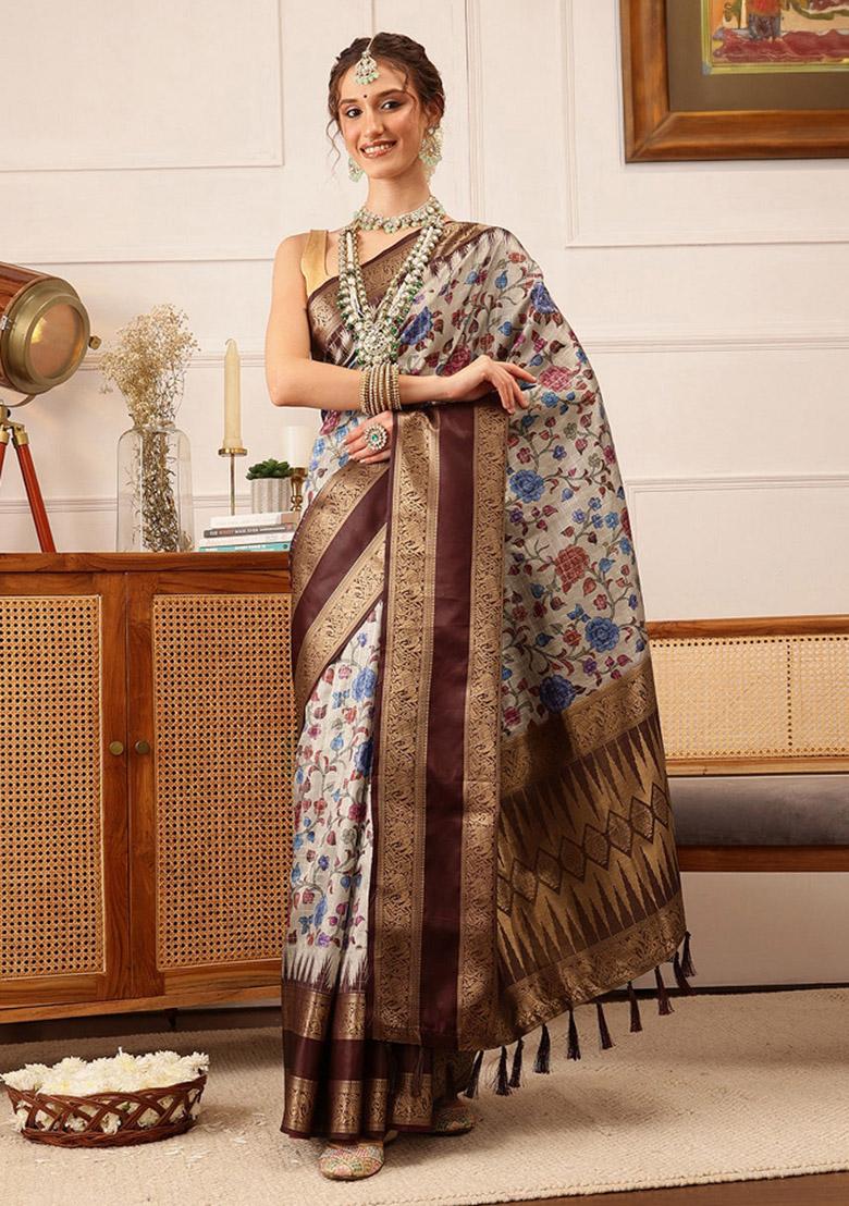 Beige Printed Soft Silk Saree