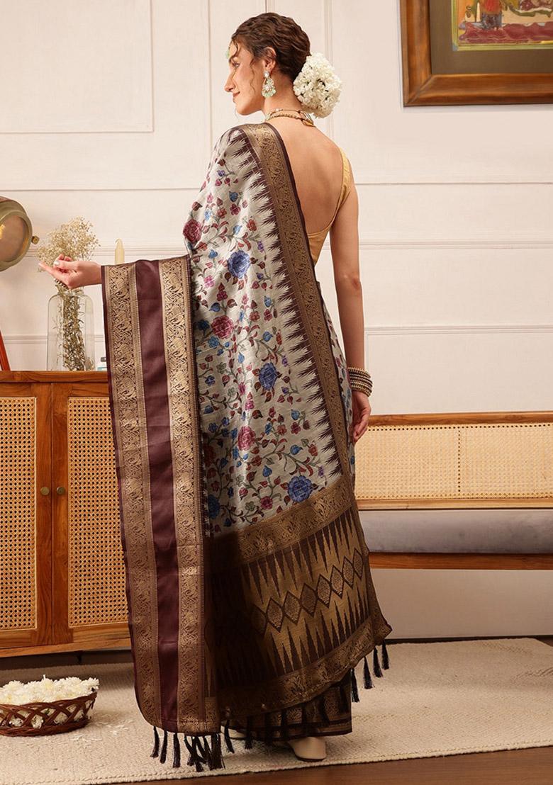 Beige Printed Soft Silk Saree