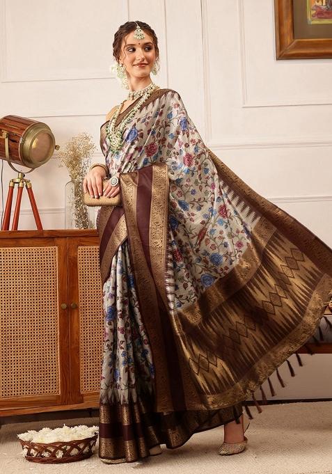 Beige Printed Soft Silk Saree