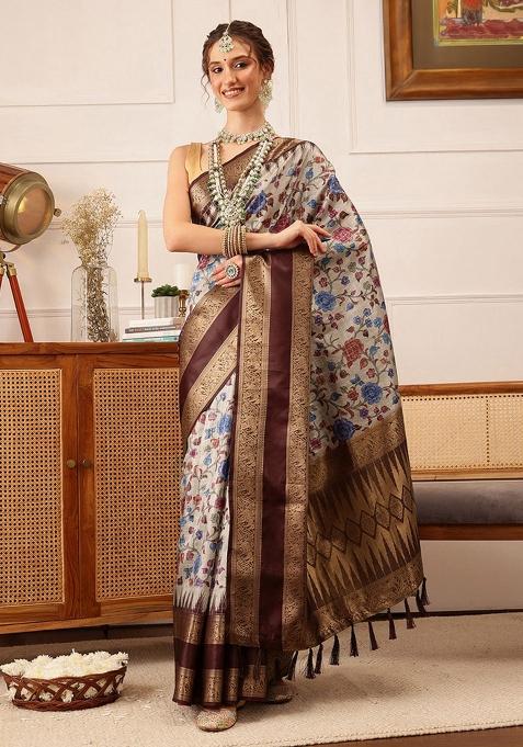 Beige Printed Soft Silk Saree