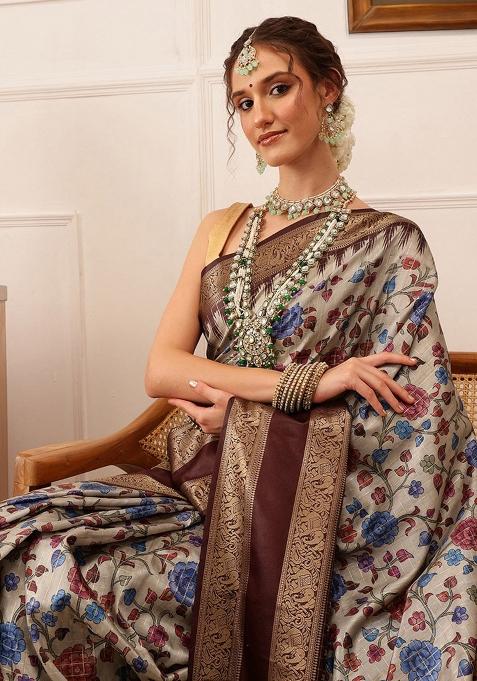 Beige Printed Soft Silk Saree