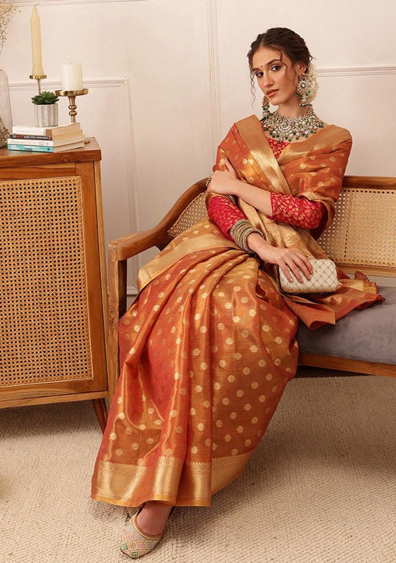 Peach Woven Design Tissue Silk Saree