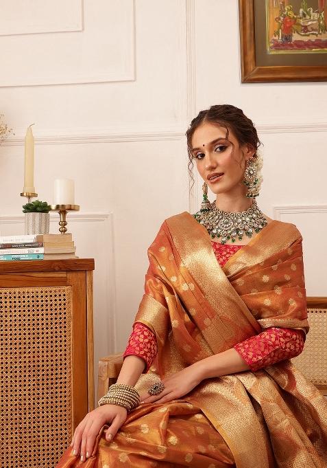 Peach Woven Design Tissue Silk Saree