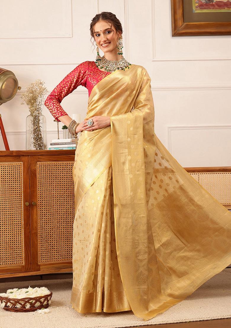 Beige Woven Design Tissue Silk Saree