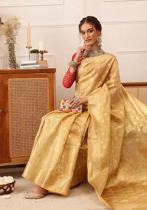 Beige Woven Design Tissue Silk Saree