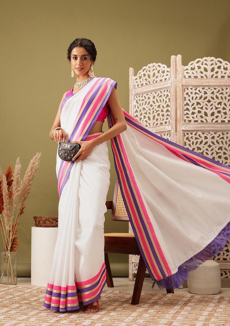 White Solid Soft Silk Saree