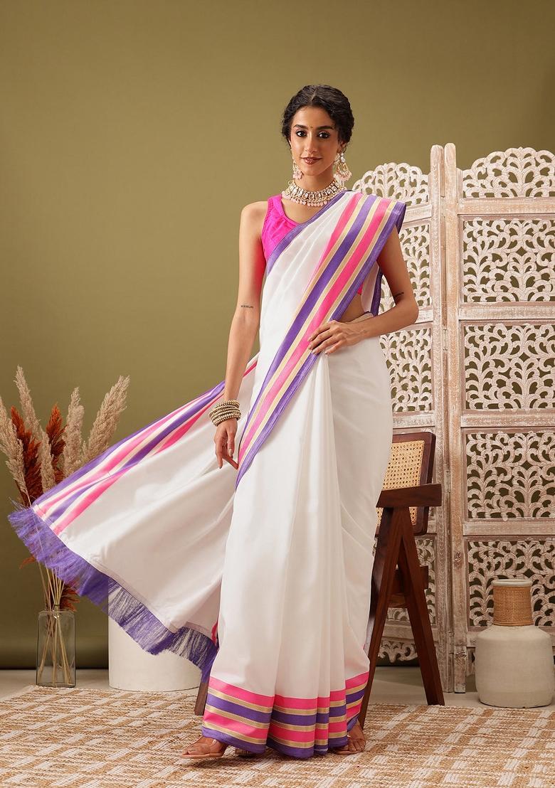 White Solid Soft Silk Saree