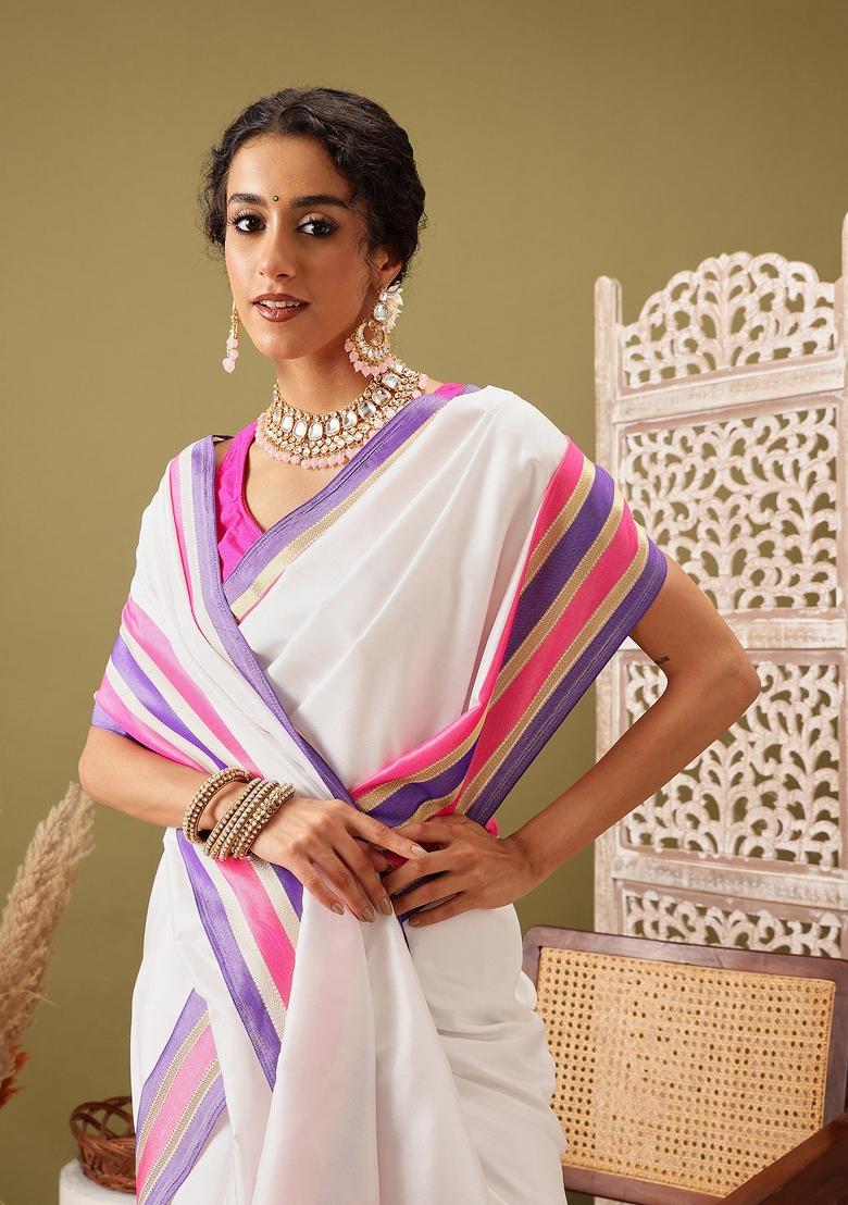 White Solid Soft Silk Saree