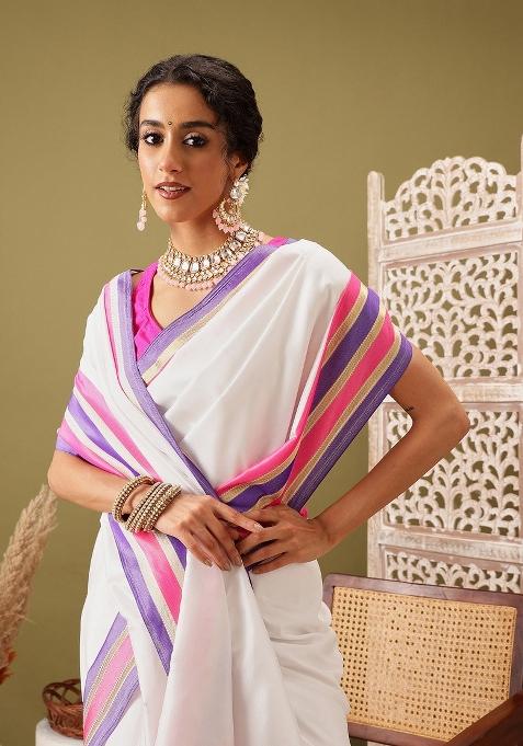 White Solid Soft Silk Saree
