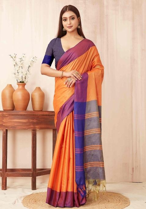 Orange Solid Soft Silk Saree