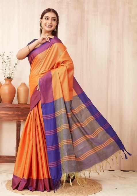 Orange Solid Soft Silk Saree