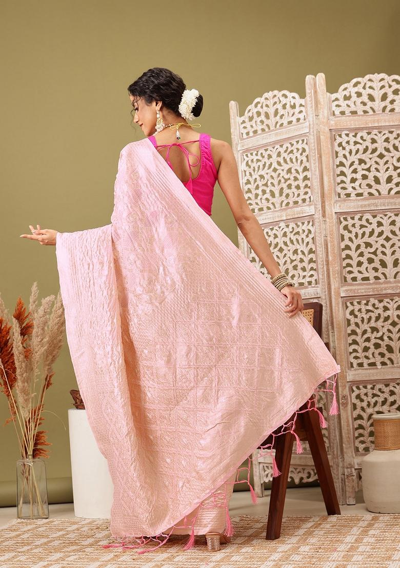 Light Pink Woven Design Linen Saree