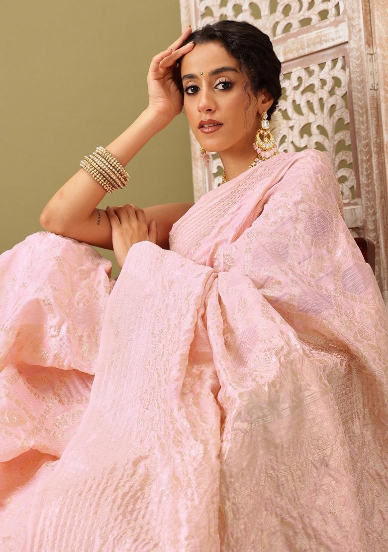 Light Pink Woven Design Linen Saree
