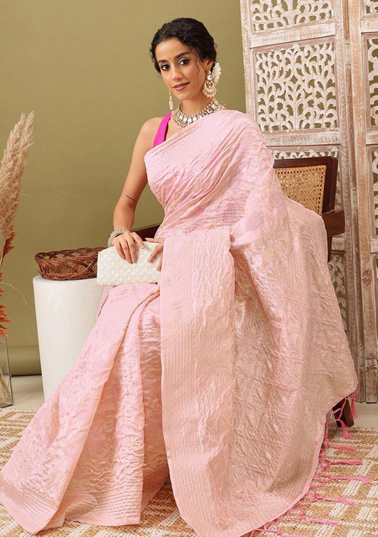 Light Pink Woven Design Linen Saree