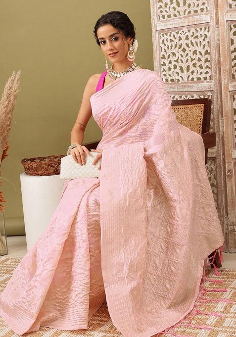 Light Pink Woven Design Linen Saree